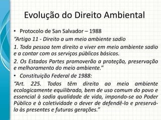 Evolução do Direito Ambiental
• Protocolo de San Salvador – 1988
“Artigo 11 - Direito a um meio ambiente sadio
1. Toda pessoa tem direito a viver em meio ambiente sadio
e a contar com os serviços públicos básicos.
2. Os Estados Partes promoverão a proteção, preservação
e melhoramento do meio ambiente.”
• Constituição Federal de 1988:
“Art. 225. Todos têm direito ao meio ambiente
ecologicamente equilibrado, bem de uso comum do povo e
essencial à sadia qualidade de vida, impondo-se ao Poder
Público e à coletividade o dever de defendê-lo e preservá-
lo às presentes e futuras gerações.”
 