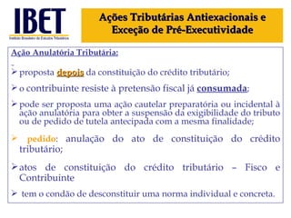 Ação  Anulatória Tributária : proposta  depois  da constituição do crédito tributário; o  contribuinte resiste à pretensão fiscal já  consumada ; pode ser proposta uma ação cautelar preparatória ou incidental à ação anulatória para obter a suspensão da exigibilidade do tributo ou de pedido de tutela antecipada com a mesma finalidade; pedido :  anulação do ato de constituição do crédito tributário; atos de constituição do crédito tributário – Fisco e Contribuinte tem o condão de desconstituir uma norma individual e concreta. Ações Tributárias Antiexacionais e Exceção de Pré-Executividade 