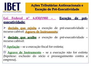Lei Federal n° 6.830/1980 -  Exceção de pré-executividade: decisão que rejeita   a exceção de pré-executividade – recurso cabível:   Agravo de Instrumento ; decisão que acolhe   a exceção de pré-executividade – recurso cabível:  Apelação   – se a execução fiscal for extinta; Agravo de Instrumento  – se a execução não for extinta (hipótese: exclusão do sócio e prosseguimento contra a empresa). Ações Tributárias Antiexacionais e Exceção de Pré-Executividade 