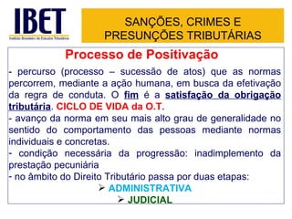 SANÇÕES, CRIMES E
                    PRESUNÇÕES TRIBUTÁRIAS
            Processo de Positivação
- percurso (processo – sucessão de atos) que as normas
percorrem, mediante a ação humana, em busca da efetivação
da regra de conduta. O fim é a satisfação da obrigação
tributária. CICLO DE VIDA da O.T.
- avanço da norma em seu mais alto grau de generalidade no
sentido do comportamento das pessoas mediante normas
individuais e concretas.
- condição necessária da progressão: inadimplemento da
prestação pecuniária
- no âmbito do Direito Tributário passa por duas etapas:
                      ADMINISTRATIVA
                           JUDICIAL
 