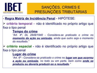 SANÇÕES, CRIMES E
                       PRESUNÇÕES TRIBUTÁRIAS
- Regra Matriz de Incidência Penal - HIPÓTESE:
 critério temporal – não é identificado no próprio artigo que
fixa o tipo penal
        Tempo do crime
      “Art. 4º, DL 2848/1940 - Considera-se praticado o crime no
      momento da ação ou omissão, ainda que outro seja o momento
      do resultado.”
 critério espacial - não é identificado no próprio artigo que
fixa o tipo penal
        Lugar do crime
      “Art. 6º - Considera-se praticado o crime no lugar em que ocorreu
      a ação ou omissão, no todo ou em parte, bem como onde se
      produziu ou deveria produzir-se o resultado.”
 