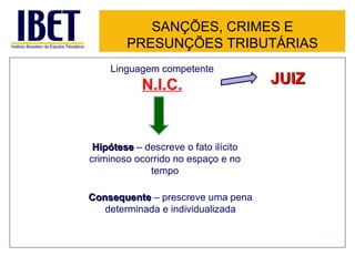 SANÇÕES, CRIMES E
        PRESUNÇÕES TRIBUTÁRIAS
    Linguagem competente
            N.I.C.                    JUIZ



 Hipótese – descreve o fato ilícito
criminoso ocorrido no espaço e no
             tempo

Consequente – prescreve uma pena
   determinada e individualizada
 