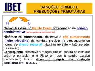 SANÇÕES, CRIMES E
                     PRESUNÇÕES TRIBUTÁRIAS


 H               C
Norma Jurídica de Direito Penal Tributário como sanção
administrativa (norma primária sancionadora)
Hipótese ou Antecedente: descreve o não cumprimento
(ilícito tributário) da conduta prevista no consequente da
norma de direito material tributário (evento – fato gerador
da sanção).
Consequente: prescreve a relação jurídica que irá se instaurar
entre o particular e o Fisco em que o sujeito passivo
(contribuinte) tem o dever de cumprir uma prestação
sancionadora - MULTA. .
 