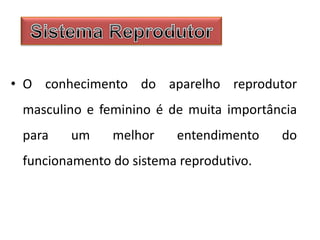 • O conhecimento do aparelho reprodutor
masculino e feminino é de muita importância
para um melhor entendimento do
funcionamento do sistema reprodutivo.
 