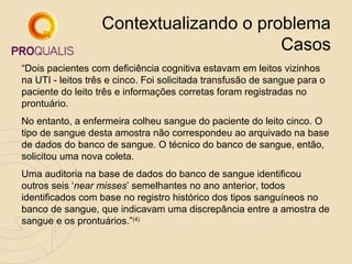 Contextualizando o problema
Casos
“Dois pacientes com deficiência cognitiva estavam em leitos vizinhos
na UTI - leitos três e cinco. Foi solicitada transfusão de sangue para o
paciente do leito três e informações corretas foram registradas no
prontuário.
No entanto, a enfermeira colheu sangue do paciente do leito cinco. O
tipo de sangue desta amostra não correspondeu ao arquivado na base
de dados do banco de sangue. O técnico do banco de sangue, então,
solicitou uma nova coleta.
Uma auditoria na base de dados do banco de sangue identificou
outros seis ‘near misses’ semelhantes no ano anterior, todos
identificados com base no registro histórico dos tipos sanguíneos no
banco de sangue, que indicavam uma discrepância entre a amostra de
sangue e os prontuários.”(4)

 
