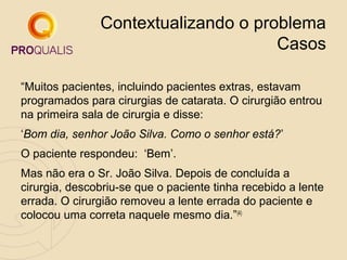 Contextualizando o problema
Casos
“Muitos pacientes, incluindo pacientes extras, estavam
programados para cirurgias de catarata. O cirurgião entrou
na primeira sala de cirurgia e disse:
‘Bom dia, senhor João Silva. Como o senhor está?’
O paciente respondeu: ‘Bem’.
Mas não era o Sr. João Silva. Depois de concluída a
cirurgia, descobriu-se que o paciente tinha recebido a lente
errada. O cirurgião removeu a lente errada do paciente e
colocou uma correta naquele mesmo dia.”(4)

 