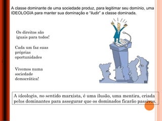 A classe dominante de uma sociedade produz, para legitimar seu domínio, uma
    IDEOLOGIA para manter sua dominação e “iludir” a classe dominada.



      Os direitos são
      iguais para todos!

      Cada um faz suas
      próprias
      oportunidades
;

      Vivemos numa
      sociedade
      democrática!



     A ideologia, no sentido marxista, é uma ilusão, uma mentira, criada
     pelos dominantes para assegurar que os dominados ficarão passivos.
 