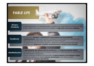 FABLE LIFE


  Drivers/
  Contexto      A hiper-regulação, a competitividade, o excesso de pragmatismo e a frieza da vida
                prática fazem com que os indivíduos almejem a fuga para uma nova realidade.




                Os indivíduos desejam o afastamento momentâneo da racionalidade
 Tendência      contemporânea, algo que propicie a imersão ao inconsciente e a profusão de
                sensações provocadas pela descoberta do desconhecido.
                As ferramentas de simulação ajudam a desenhar e testar cenários potenciais,
                possibilitando ultrapassar a barreira do possível para construir novos mundos.



                A aproximação dos referenciais da inocência e da despreocupação infantis
                como forma de refúgio de um mundo competitivo e veloz produz um ambiente
Manifestações
                de afetividade e de doçura.
                Tomam destaque artifícios que permitem o real se parecer com fantasia e jogos.
                Animismo: explorar um amplo universo de fantasias, dar vida as coisas,
                exploração do universo das fábulas.
 