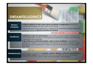 DREAMTELLIGENCE

  Drivers/       Problemas globais de toda ordem geram incertezas e inseguranças quanto ao
                 equilíbrio do indivíduo, seu bem estar atual e futuro.
  Contexto
                 Vivemos em um mundo colapsado e chegamos ao nosso limite. Nossas vidas já são
                 reguladas demais e estamos cansados do racional


                 Transformar a crise em oportunidade: pensar além do que é lógico e possível, usar
  Tendência      nossa imaginação, intuição e criatividade para identificar soluções visionárias para
                 os problemas da atualidade.
                 O que antes era considerado fantasia, agora se torna realidade: o escapismo é
                 mais que um desejo, é uma realidade concretizada em produtos, serviços e ações
                 de todo tipo que surpreendem e trazem um pouco de diversão e cor para nossa
                 vida diária.




Manifestações Criatividade e inovação em produtos, serviços, espaços, ações de comunicação e
                 intervenções urbanas que possibilitam brincar com aspectos da normalidade e
                 transformar nosso dia a dia em algo menos previsível e mais divertido.
 