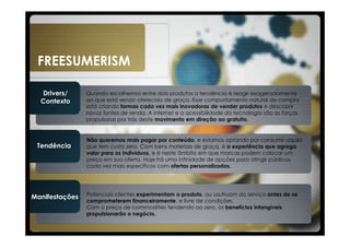 FREESUMERISM

  Drivers/      Quando escolhemos entre dois produtos a tendência é reagir exageradamente
  Contexto      ao que está sendo oferecido de graça. Esse comportamento natural de compra
                está criando formas cada vez mais inovadoras de vender produtos e descobrir
                novas fontes de renda. A internet e a acessibilidade da tecnologia são as forças
                propulsoras por trás deste movimento em direção ao gratuito.


                Não queremos mais pagar por conteúdo, e estamos optando por consumir aquilo
 Tendência      que tem custo zero. Com bens materiais de graça, é a experiência que agrega
                valor para os indivíduos, e é neste âmbito em que marcas podem colocar um
                preço em sua oferta. Hoje há uma infinidade de opções para atingir públicos
                cada vez mais específicos com ofertas personalizadas.




                Potenciais clientes experimentam o produto, ou usufruam do serviço antes de se
Manifestações
                comprometerem financeiramente, e livre de condições.
                Com o preço de commodities tendendo ao zero, os benefícios intangíveis
                propulsionarão o negócio.
 