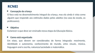 ● Concepção da criança
O foco está no desenvolvimento integral da criança, mas ela ainda é vista como
alguém que responde aos estímulos dados pelos adultos (no caso da escola, os
professores).
● Objetivo
Esclarecer o que deve ser ensinado nessa etapa da Educação Básica.
● Como está organizado
Em eixos, que devem ser considerados de forma integrada: movimento,
identidade e autonomia, conhecimento de mundo, artes visuais, música,
linguagem oral e escrita, natureza/sociedade e matemática.
RCNEI
 