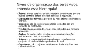 Níveis de organização dos seres vivos:
entenda essa hierarquia!
• Átomo: menor partícula de uma matéria, que consiste em um
núcleo central e cargas elétricas positivas e negativas.
• Moléculas: são formadas por dois ou mais átomos interligados
entre si.
• Organelas: são as estruturas celulares formadas por um
conjunto de moléculas.
• Tecidos: são conjuntos de células especializadas que formam
um órgão.
• Órgãos: formados pelos tecidos, desempenham funções
fundamentais para os seres vivos.
• Sistemas: grupo de órgãos integrados que trabalham em
conjunto na realização de alguma função vital.
• Organismos: são conjuntos de sistemas. Podemos dizer que
são os indivíduos.
 