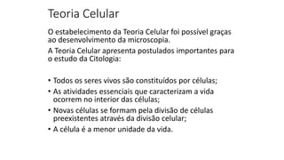 Teoria Celular
O estabelecimento da Teoria Celular foi possível graças
ao desenvolvimento da microscopia.
A Teoria Celular apresenta postulados importantes para
o estudo da Citologia:
• Todos os seres vivos são constituídos por células;
• As atividades essenciais que caracterizam a vida
ocorrem no interior das células;
• Novas células se formam pela divisão de células
preexistentes através da divisão celular;
• A célula é a menor unidade da vida.
 