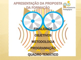 APRESENTAÇÃO DA PROPOSTA
      DA FORMAÇÃO




         FINALIDADE
          OBJETIVOS
        METODOLOGIA
        PROGRAMAÇÃO
       QUADRO TEMÁTICO
 