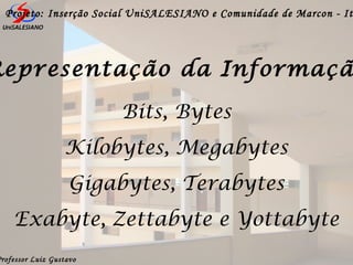 Professor Luiz Gustavo
Projeto: Inserção Social UniSALESIANO e Comunidade de Marcon - It
Bits, Bytes
Kilobytes, Megabytes
Gigabytes, Terabytes
Exabyte, Zettabyte e Yottabyte
Representação da Informaçã
 