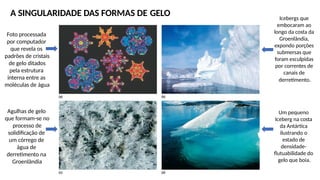 A SINGULARIDADE DAS FORMAS DE GELO
Foto processada
por computador
que revela os
padrões de cristais
de gelo ditados
pela estrutura
interna entre as
moléculas de água
Agulhas de gelo
que formam-se no
processo de
solidificação de
um córrego de
água de
derretimento na
Groenlândia
Icebergs que
embocaram ao
longo da costa da
Groenlândia,
expondo porções
submersas que
foram esculpidas
por correntes de
canais de
derretimento.
Um pequeno
Iceberg na costa
da Antártica
ilustrando o
estado de
densidade-
flutuabilidade do
gelo que boia.
 