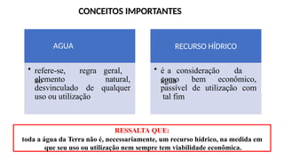 RESSALTA QUE:
toda a água da Terra não é, necessariamente, um recurso hídrico, na medida em
que seu uso ou utilização nem sempre tem viabilidade econômica.
CONCEITOS IMPORTANTES
AGUA
• refere-se, regra geral,
ao
elemento natural,
desvinculado de qualquer
uso ou utilização
RECURSO HÍDRICO
• é a consideração da
água
como bem econômico,
passível de utilização com
tal fim
 