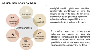 ORIGEM GEOLÓGICA DA ÁGUA
Degaseamento
H
(hidrogênio)
O
(oxigênio)
CO
(monóxido
de carbono)
CO2
(dióxido de
carbono)
N2
(nitrogênio)
SO2
(dióxido de
enxofre)
O oxigênio e o hidrogênio assim lançados,
rapidamente combinaram-se para dar
origem ao vapor de água da atmosfera.
No começo, as temperaturas e pressões
reinantes na Terra só possibilitaram a
ocorrência de água na forma de vapor.
À medida que as temperaturas
baixaram, os vapores de água da
atmosfera condensaram-se e formaram
nuvens, as quais foram atraídas pela
gravidade e caíram na forma de chuva,
principalmente, na superfície da Terra.
 
