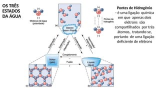 OS TRÊS
ESTADOS
DA ÁGUA
Pontes de Hidrogênio
- é uma ligação química
em que apenas dois
elétrons são
compartilhados por três
átomos, tratando-se,
portanto de uma ligação
deficiente de elétrons
 