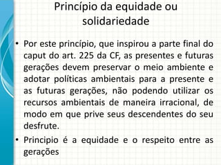 Princípio da equidade ou
solidariedade
• Por este princípio, que inspirou a parte final do
caput do art. 225 da CF, as presentes e futuras
gerações devem preservar o meio ambiente e
adotar políticas ambientais para a presente e
as futuras gerações, não podendo utilizar os
recursos ambientais de maneira irracional, de
modo em que prive seus descendentes do seu
desfrute.
• Principio é a equidade e o respeito entre as
gerações
 