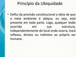 Princípio da Ubiquidade
• Deflui da previsão constitucional a ideia de que
o meio ambiente é ubíquo, ou seja, está
presente em toda parte. Logo, qualquer lesão
ocorrida em sua estrutura,
independentemente do local onde ocorra, trará
reflexos, diretos ou indiretos ao próprio ser
humano.
 