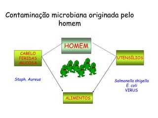 Contaminação microbiana originada pelo
homem
HOMEM
CABELO
FERIDAS
MUCOSA
UTENSÍLIOS
ALIMENTOS
Staph. Aureus Salmonella shigella
E. coli
VIRUS
 
