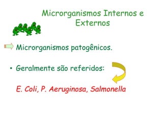 Microrganismos Internos e
Externos
• Microrganismos patogênicos.
• Geralmente são referidos:
E. Coli, P. Aeruginosa, Salmonella
 