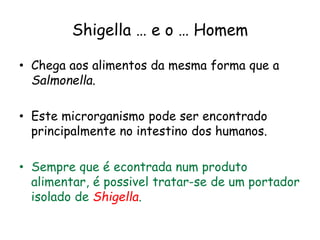 Shigella … e o … Homem
• Chega aos alimentos da mesma forma que a
Salmonella.
• Este microrganismo pode ser encontrado
principalmente no intestino dos humanos.
• Sempre que é econtrada num produto
alimentar, é possivel tratar-se de um portador
isolado de Shigella.
 
