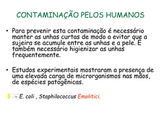 CONTAMINAÇÃO PELOS HUMANOS
• Para prevenir esta contaminação é necessário
manter as unhas curtas de modo a evitar que a
sujeira se acumule entre as unhas e a pele. É
também necessário higienizar as unhas
frequentemente.
• Estudos experimentais mostraram a presença de
uma elevada carga de microrganismos nas mãos,
de espécies patogênicas.
– E. coli , Staphilococcus Emolitici.
 