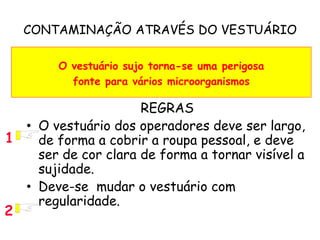 CONTAMINAÇÃO ATRAVÉS DO VESTUÁRIO
REGRAS
• O vestuário dos operadores deve ser largo,
de forma a cobrir a roupa pessoal, e deve
ser de cor clara de forma a tornar visível a
sujidade.
• Deve-se mudar o vestuário com
regularidade.
O vestuário sujo torna-se uma perigosa
fonte para vários microorganismos
1
2
 