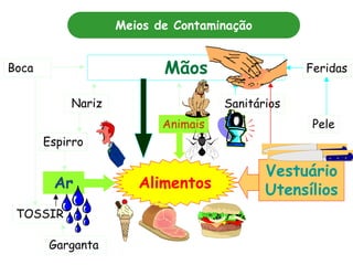 Nariz
AlimentosAr
Garganta
TOSSIR
Espirro
Sanitários
Animais
Boca
Pele
FeridasMãos
Vestuário
Utensílios
Meios de Contaminação
 
