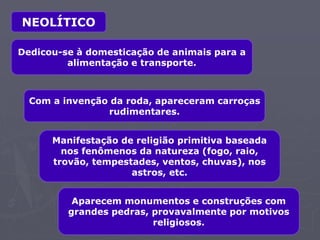 NEOLÍTICO
Dedicou-se à domesticação de animais para a
alimentação e transporte.
Com a invenção da roda, apareceram carroças
rudimentares.
Manifestação de religião primitiva baseada
nos fenômenos da natureza (fogo, raio,
trovão, tempestades, ventos, chuvas), nos
astros, etc.
Aparecem monumentos e construções com
grandes pedras, provavalmente por motivos
religiosos.
 