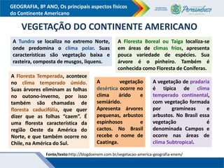 GEOGRAFIA, 8º ANO, Os principais aspectos físicos
do Continente Americano
A Tundra se localiza no extremo Norte,
onde predomina o clima polar. Suas
características são vegetação baixa e
rasteira, composta de musgos, liquens.
VEGETAÇÃO DO CONTINENTE AMERICANO
Fonte/texto:http://blogdoenem.com.br/vegetacao-america-geografia-enem/
A vegetação de pradaria
é típica de clima
temperado continental,
com vegetação formada
por gramíneas e
arbustos. No Brasil essa
vegetação é
denominada Campos e
ocorre nas áreas de
clima Subtropical.
A Floresta Boreal ou Taiga localiza-se
em áreas de climas frios, apresenta
pouca variedade de espécies. Sua
árvore é o pinheiro. Também é
conhecida como Floresta de Coníferas.
A Floresta Temperada, acontece
no clima temperado úmido.
Suas árvores eliminam as folhas
no outono-inverno, por isso
também são chamadas de
floresta caducifólia, que quer
dizer que as folhas “caem”. É
uma floresta característica da
região Oeste da América do
Norte, e que também ocorre no
Chile, na América do Sul.
A vegetação
desértica ocorre no
clima árido e
semiárido.
Apresenta árvores
pequenas, arbustos
espinhosos e
cactos. No Brasil
recebe o nome de
Caatinga.
 