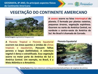 GEOGRAFIA, 8º ANO, Os principais aspectos físicos
do Continente Americano
VEGETAÇÃO DO CONTINENTE AMERICANO
Fonte/texto:http://pt.slideshare.net/kayserescolaestadual/tipos-de-vegetao-da-amrica
A savana ocorre na faixa intertropical do
planeta. É formada por plantas rasteiras,
pequenas árvores, vegetação espinhosa.
Ocorrem no norte da América Central, no
nordeste e centro–oeste da América do
Sul. No Brasil é chamada de Cerrado.
A Floresta Tropical e Floresta Equatorial
ocorrem nas áreas quentes e úmidas de climas
tropicais e equatoriais. Possuem folhas
perenes e largas (latifoliadas). A cobertura
vegetal é densa e estratificada. Essa vegetação
ocorre na maior parte da América do Sul e
América Central. Um exemplo, no Brasil, é a
Mata Atlântica e a Amazônia.
Floresta Equatorial
Fonte/imagem:www.brasilescola.com
Savana
Fonte/imagem:vegetdobrasil.blogspot.com
 