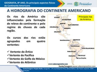 GEOGRAFIA, 8º ANO, Os principais aspectos físicos
do Continente Americano
A HIDROGRAFIA DO CONTINENTE AMERICANO
Principais rios
da América
Os rios da América são
influenciados pela formação
de relevo do continente e pelo
regime de chuvas de cada
região.
Os cursos dos rios estão
agrupados em quatro
vertentes:
 Vertente do Ártico
Vertente do Pacífico
Vertente do Golfo do México
Vertente do Atlântico
Fonte/imagem:www.saberespractico.com
Fonte/imagem: Projeto Radix. Geografia - 8º ano/Valquíria Pires, Beluce Belluci. São Paulo: Scipione, 2009.
(Coleção)
 