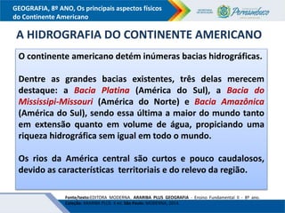 GEOGRAFIA, 8º ANO, Os principais aspectos físicos
do Continente Americano
O continente americano detém inúmeras bacias hidrográficas.
Dentre as grandes bacias existentes, três delas merecem
destaque: a Bacia Platina (América do Sul), a Bacia do
Mississipi-Missouri (América do Norte) e Bacia Amazônica
(América do Sul), sendo essa última a maior do mundo tanto
em extensão quanto em volume de água, propiciando uma
riqueza hidrográfica sem igual em todo o mundo.
Os rios da América central são curtos e pouco caudalosos,
devido as características territoriais e do relevo da região.
A HIDROGRAFIA DO CONTINENTE AMERICANO
Fonte/texto:EDITORA MODERNA. ARARIBA PLUS GEOGRAFIA - Ensino Fundamental II - 8º ano.
Coleção: ARARIBA PLUS. 4 ed. São Paulo: MODERNA, 2014.
 