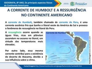 GEOGRAFIA, 8º ANO, Os principais aspectos físicos
do Continente Americano
A CORRENTE DE HUMBOLT E A RESSURGÊNCIA
NO CONTINENTE AMERICANO
Fonte/imagem:www.brasilescola.com
Corrente de Humbolt
A corrente de Humbolt, também chamada de corrente do Peru, é uma
corrente oceânica fria que banha o litoral oeste da América do Sul e provoca
o fenômeno de ressurgência no litoral do Peru.
A ressurgência ocorre quando as
águas frias, ricas em plâncton
ascendem no oceano no litoral, em
virtude das temperaturas mais
elevadas.
Por outro lado, essa mesma
corrente contribui para a existência
do deserto de Atacama, devido a
sua influência sobre o clima.
Fonte/imagem:http://www.brasilescola.com/geografia/corrente-humboldt.htm
 
