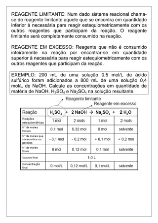REAGENTE LIMITANTE: Num dado sistema reacional chama-
se de reagente limitante aquele que se encontra em quantidade
inferior à necessária para reagir estequiometricamente com os
outros reagentes que participam da reação. O reagente
limitante será completamente consumido na reação.

REAGENTE EM EXCESSO: Reagente que não é consumido
inteiramente na reação por encontrar-se em quantidade
superior à necessária para reagir estequiometricamente com os
outros reagentes que participam da reação.

EXEMPLO: 200 mL de uma solução 0,5 mol/L de ácido
sulfúrico foram adicionados a 800 mL de uma solução 0,4
mol/L de NaOH. Calcule as concentrações em quantidade de
matéria de NaOH, H2SO4 e Na2SO4 na solução resultante.
 