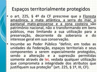 Espaços territorialmente protegidos
• o art. 225, § 4º da CF prescreve que a Floresta
amazônica, a mata atlântica, a serra do mar, o
pantanal mato-grossense e a zona costeira são
patrimônio nacional, não o transformando em bens
públicos, mas limitando a sua utilização para a
preservação, decorrente da soberania e do
interesse geral em sua conservação.
• Incumbe ao Poder Público “definir, em todas as
unidades da Federação, espaços territoriais e seus
componentes a serem especialmente protegidos,
sendo a alteração e a supressão permitidas
somente através de lei, vedada qualquer utilização
que comprometa a integridade dos atributos que
justifiquem sua proteção” (art. 225, § 1º, III, CF).
 