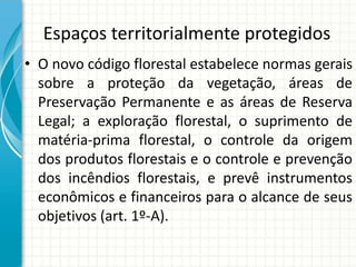 Espaços territorialmente protegidos
• O novo código florestal estabelece normas gerais
sobre a proteção da vegetação, áreas de
Preservação Permanente e as áreas de Reserva
Legal; a exploração florestal, o suprimento de
matéria-prima florestal, o controle da origem
dos produtos florestais e o controle e prevenção
dos incêndios florestais, e prevê instrumentos
econômicos e financeiros para o alcance de seus
objetivos (art. 1º-A).
 