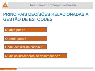 PRINCIPAIS DECISÕES RELACIONADAS À GESTÃO DE ESTOQUES Armazenamento e Embalagens de Materiais Helio Souto Dapena Quanto pedir? Quando pedir? Onde localizar na cadeia? Quais os indicadores de desempenho? 