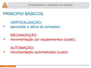 PRINCIPIO BÁSICOS: VERTICALIZAÇÃO: aproveitar a altura do armazém; MECANIZAÇÃO: movimentação por equipamentos (custo); AUTOMAÇÃO: movimentação automatizada (custo); Armazenamento e Embalagens de Materiais Helio Souto Dapena 
