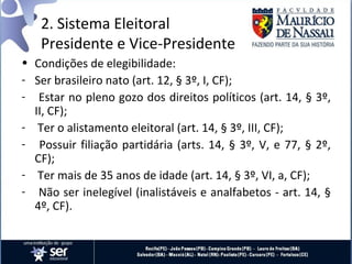 2. Sistema Eleitoral
   Presidente e Vice-Presidente
• Condições de elegibilidade:
- Ser brasileiro nato (art. 12, § 3º, I, CF);
- Estar no pleno gozo dos direitos políticos (art. 14, § 3º,
  II, CF);
- Ter o alistamento eleitoral (art. 14, § 3º, III, CF);
- Possuir filiação partidária (arts. 14, § 3º, V, e 77, § 2º,
  CF);
- Ter mais de 35 anos de idade (art. 14, § 3º, VI, a, CF);
- Não ser inelegível (inalistáveis e analfabetos - art. 14, §
  4º, CF).
 