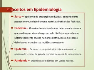 Conceitos em Epidemiologia
 Surto – Epidemia de proporções reduzidas, atingindo uma
pequena comunidade humana, restrita a instituições fechadas.
 Endemia – Ocorrência coletiva de uma determinada doença,
que no decorrer de um longo período histórico, acometendo
sistematicamente grupos humanos distribuídos em espaços
delimitados, mantém sua incidência constante.
 Epidemia – Se caracteriza pela incidência, em um curto
período de tempo, de grande número de casos de uma doença.
 Pandemia – Ocorrência epidêmica em várias nações.
 
