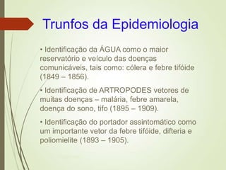 • Identificação da ÁGUA como o maior
reservatório e veículo das doenças
comunicáveis, tais como: cólera e febre tifóide
(1849 – 1856).
• Identificação de ARTROPODES vetores de
muitas doenças – malária, febre amarela,
doença do sono, tifo (1895 – 1909).
• Identificação do portador assintomático como
um importante vetor da febre tifóide, difteria e
poliomielite (1893 – 1905).
Trunfos da Epidemiologia
Ms Paula Brustolin
 
