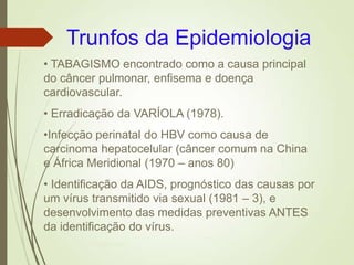 • TABAGISMO encontrado como a causa principal
do câncer pulmonar, enfisema e doença
cardiovascular.
• Erradicação da VARÍOLA (1978).
•Infecção perinatal do HBV como causa de
carcinoma hepatocelular (câncer comum na China
e África Meridional (1970 – anos 80)
• Identificação da AIDS, prognóstico das causas por
um vírus transmitido via sexual (1981 – 3), e
desenvolvimento das medidas preventivas ANTES
da identificação do vírus.
Trunfos da Epidemiologia
Ms Paula Brustolin
 