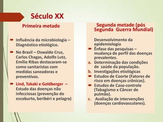 Século XX
Primeira metade
 Influência da microbiologia –
Diagnóstico etiológico.
 No Brasil – Oswaldo Cruz,
Carlos Chagas, Adolfo Lutz,
Emílio Ribas destacaram-se
como sanitaristas com
medidas saneadoras e
preventivas.
 Lind, Takaki e Goldberger –
Estudo das doenças não
infecciosas (prevenção do
escoburto, beribéri e pelagra)
Segunda metade (pós
Segunda Guerra Mundial)
Desenvolvimento da
epidemiologia
 Ênfase das pesquisas –
mudança de perfil das doenças
prevalentes.
a. Determinação das condições
de saúde da população.
b. Investigações etiológicas
 Estudos de Coorte (Fatores de
risco em doenças crônicas).
 Estudos de Caso-controle
(Tabagismo x Câncer de
pulmão).
c. Avaliação de intervenções
(doenças cardiovasculares).
 
