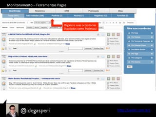 hQp://seekr.com.br/	
  
Organize	
  suas	
  ocorrências	
  
(Avaliadas	
  como	
  PosiOvas)	
  
Monitoramento	
  –	
  Ferramentas	
  Pagas	
  
 
