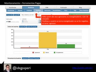 hQp://seekr.com.br/	
  
Saiba	
  quem	
  são	
  seus	
  agressores	
  ou	
  evangelizadores.	
  Com	
  10	
  
menções	
  
PosiOvas	
  o	
  usuário	
  se	
  torna	
  evangelizador	
  ou	
  se	
  for	
  negaOva,	
  
se	
  torna	
  	
  agressor.	
  
Monitoramento	
  –	
  Ferramentas	
  Pagas	
  
 