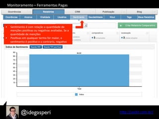 hQp://seekr.com.br/	
  
•  SenOmento	
  é	
  com	
  relação	
  a	
  quanOdade	
  de	
  
menções	
  posiOvas	
  ou	
  negaOvas	
  avaliadas.	
  Se	
  a	
  
quanOdade	
  de	
  menções	
  
•  PosiOvas	
  em	
  qualquer	
  termo	
  for	
  maior,	
  o	
  
senOmento	
  é	
  posiOvo	
  e	
  o	
  contrario,	
  negaOvo	
  
Monitoramento	
  –	
  Ferramentas	
  Pagas	
  
 